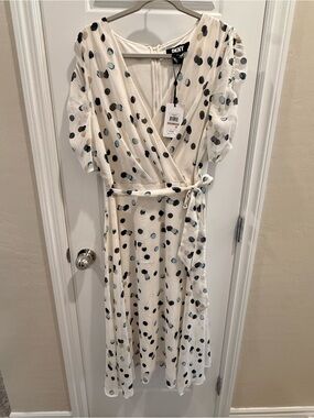DKNY Cream Midi Wrap Dress with Black and Blue Polka Dots